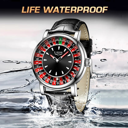 Reloj LIGE Hombre – Cuarzo, Lujo, Dial Ruleta, Cuero, Resistente al Agua