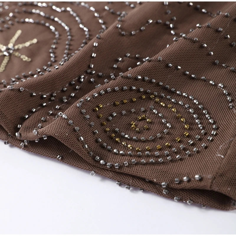 Sexy Beading Sequin Top Pant Set Women Slim Tube Top Scarf Neck See Through Straight Trouser 2025 Fashion Autumn Party Suit Lady
