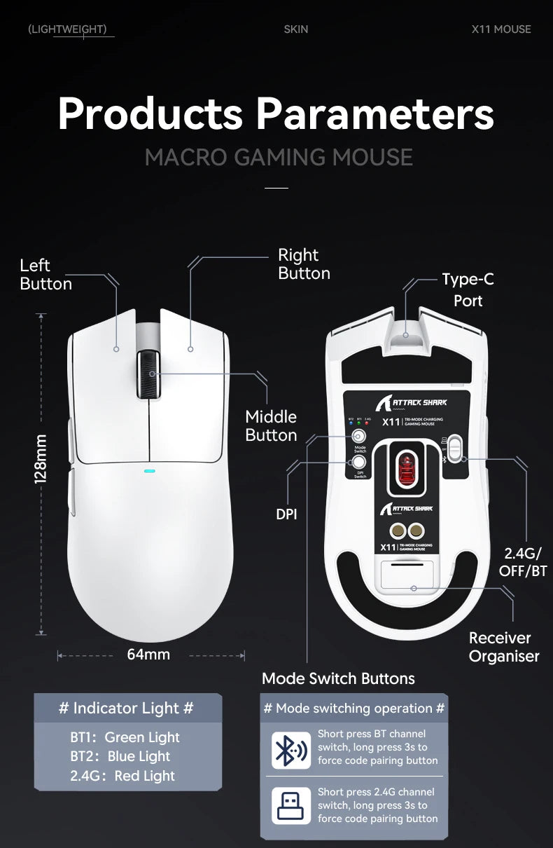 Ratón Gaming Attack Shark X11 – Tri-Mode (BT/2.4G/Cable) con RGB y Base de Carga Magnética