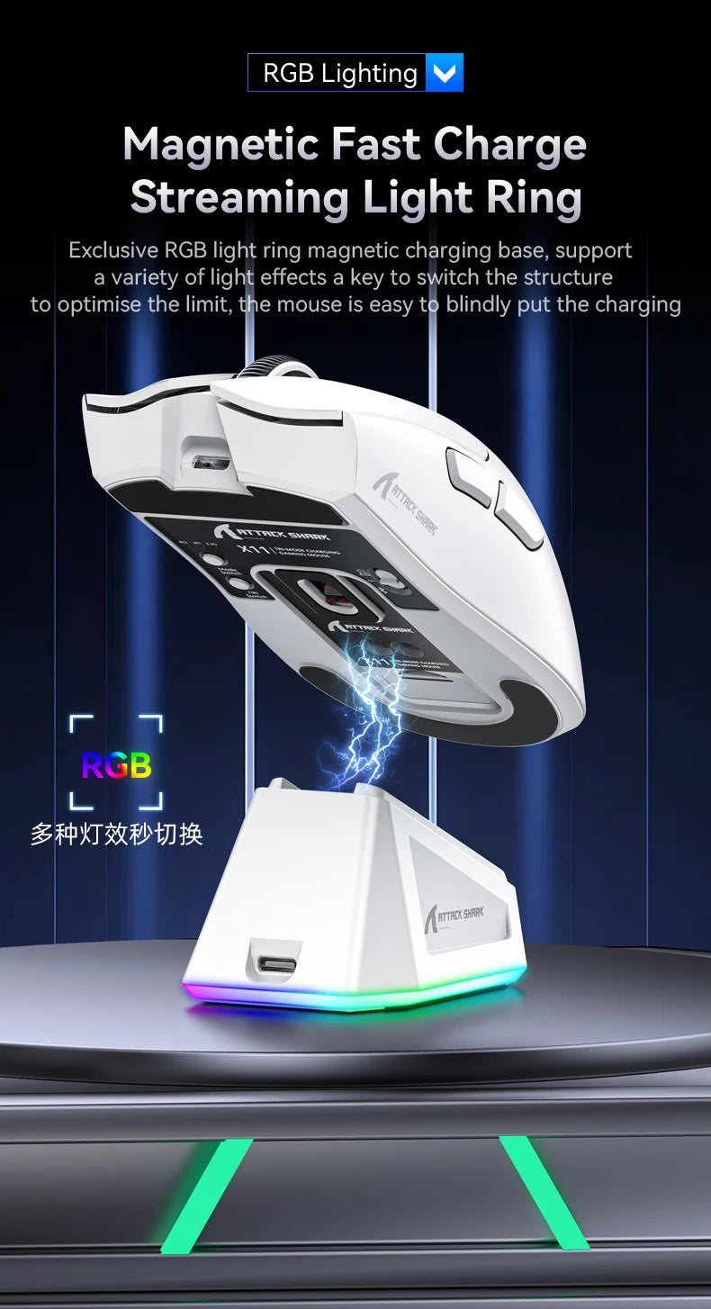 Ratón Gaming Attack Shark X11 – Tri-Mode (BT/2.4G/Cable) con RGB y Base de Carga Magnética