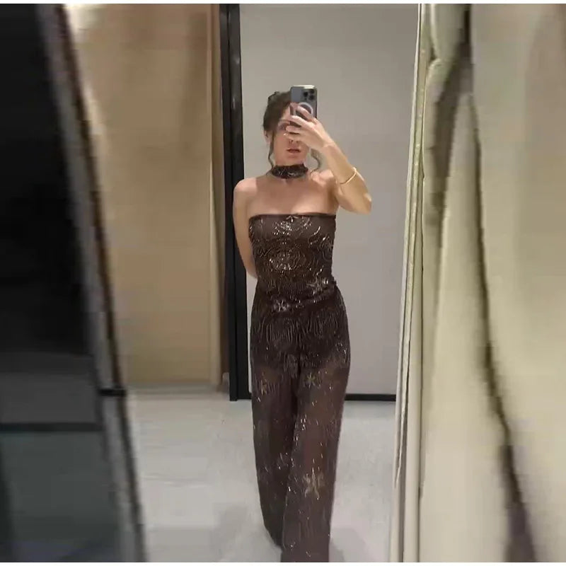 Sexy Beading Sequin Top Pant Set Women Slim Tube Top Scarf Neck See Through Straight Trouser 2025 Fashion Autumn Party Suit Lady