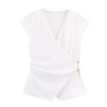 MYST&ZA2025 Summer New Women's Wear Pin-Decorated Sleeveless Double-Breasted V-Neck Top + Simple Mid-Waist Casual Pants Set