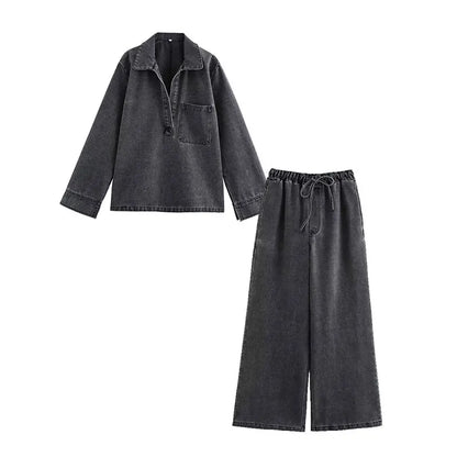 2024 Autumn Jeans Sets Women Turn-down Collar Casual Top Fashion High Waist Streetwear Female Denim Pant Two Piece Set