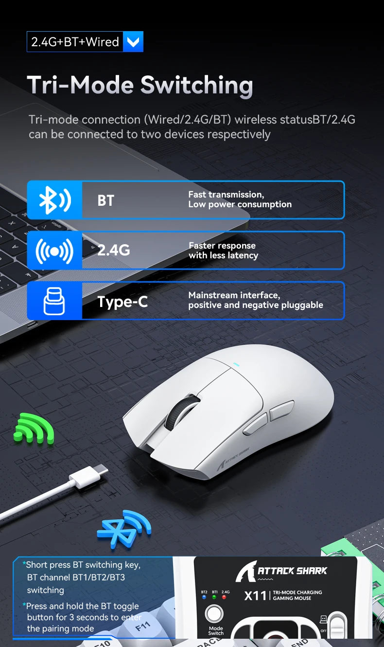 Ratón Gaming Attack Shark X11 – Tri-Mode (BT/2.4G/Cable) con RGB y Base de Carga Magnética