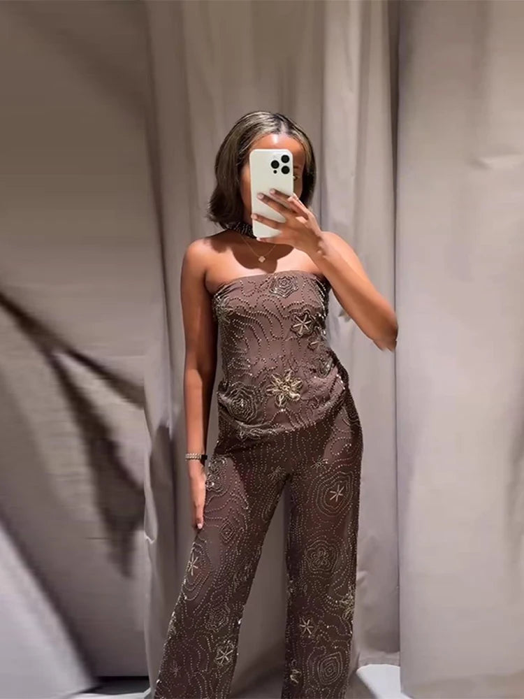 Sexy Beading Sequin Top Pant Set Women Slim Tube Top Scarf Neck See Through Straight Trouser 2025 Fashion Autumn Party Suit Lady