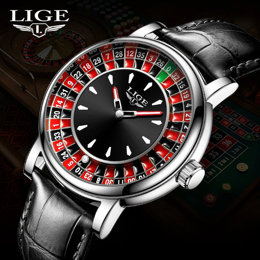 Reloj LIGE Hombre – Cuarzo, Lujo, Dial Ruleta, Cuero, Resistente al Agua