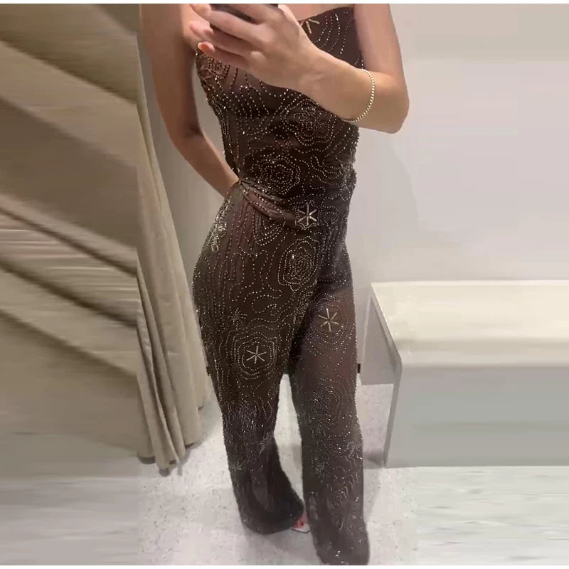 Sexy Beading Sequin Top Pant Set Women Slim Tube Top Scarf Neck See Through Straight Trouser 2025 Fashion Autumn Party Suit Lady
