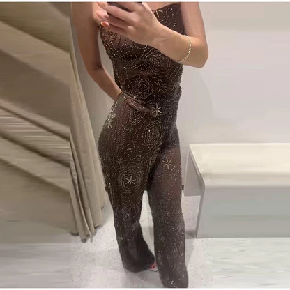 Sexy Beading Sequin Top Pant Set Women Slim Tube Top Scarf Neck See Through Straight Trouser 2025 Fashion Autumn Party Suit Lady