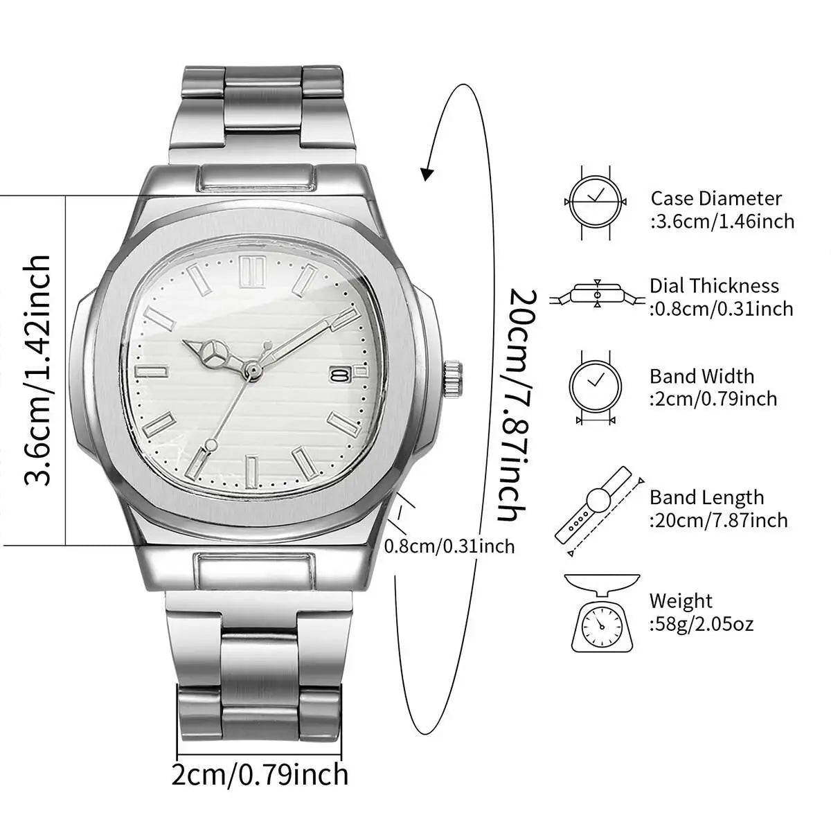 Reloj de Hombre Lujo – Cuarzo, Dial Cuadrado, Acero Inoxidable y Calendario (Sin Caja)