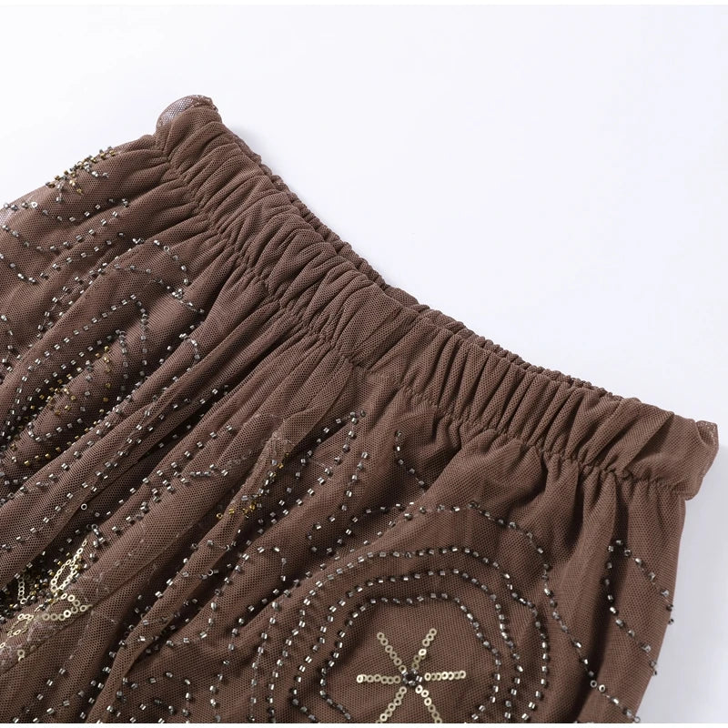 Sexy Beading Sequin Top Pant Set Women Slim Tube Top Scarf Neck See Through Straight Trouser 2025 Fashion Autumn Party Suit Lady