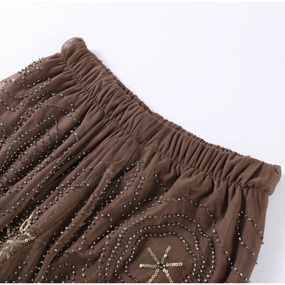 Sexy Beading Sequin Top Pant Set Women Slim Tube Top Scarf Neck See Through Straight Trouser 2025 Fashion Autumn Party Suit Lady