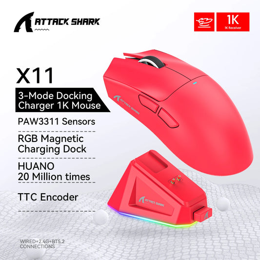 Ratón Gaming Attack Shark X11 – Tri-Mode (BT/2.4G/Cable) con RGB y Base de Carga Magnética