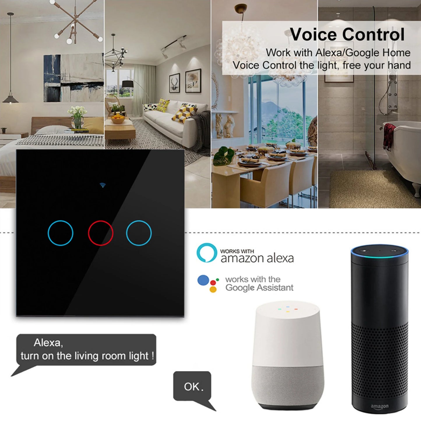 AXUS EU WiFi Smart Light Switches Touch Switch RF433 No Neutral Wire Smart Home Life Tuya App Control Support Alexa Google Home