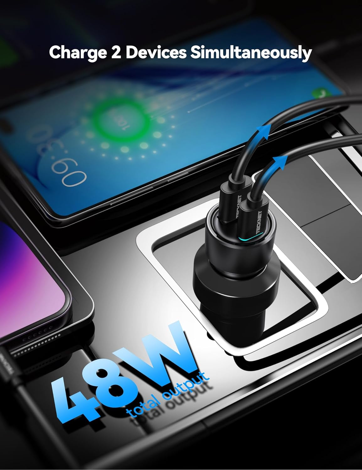 Pack de 2 Cargadores de Coche USB-C, 48W Ultra Rápidos | Doble Puerto con Tecnología PD & QC3.0 | Compatible con iPhone 16/15/14/13 y Samsung Galaxy