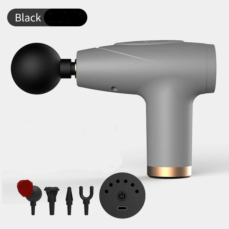 Mini Pistola de Masaje Negra de 4 Cabezales | Pistola de Masaje Multinivel para Relajación Muscular, Equipo Portátil de Masaje por Vibración ✅