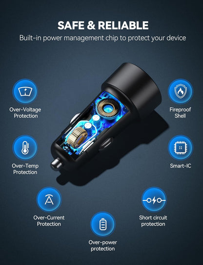 Pack de 2 Cargadores de Coche USB-C, 48W Ultra Rápidos | Doble Puerto con Tecnología PD & QC3.0 | Compatible con iPhone 16/15/14/13 y Samsung Galaxy