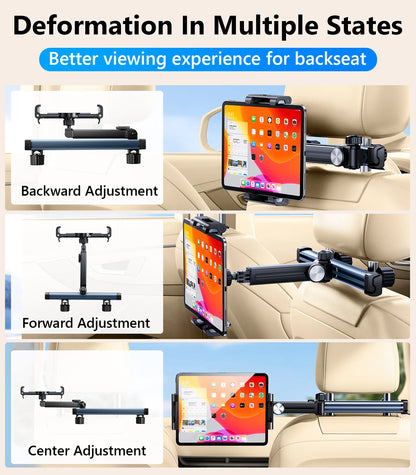 Soporte para Tablet en Reposacabezas de Coche – Soporte de Teléfono Giratorio 360°, Brazo Largo Ajustable con 2 Ganchos, Compatible con Dispositivos de 4.7 a 12 pulgadas.