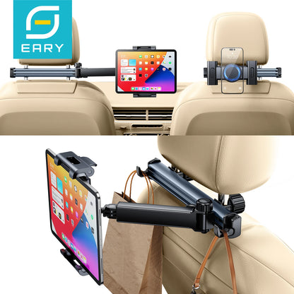 Soporte para Tablet en Reposacabezas de Coche – Soporte de Teléfono Giratorio 360°, Brazo Largo Ajustable con 2 Ganchos, Compatible con Dispositivos de 4.7 a 12 pulgadas.