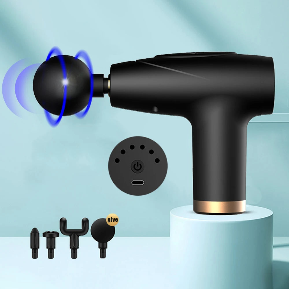 Mini Pistola de Masaje Negra de 4 Cabezales | Pistola de Masaje Multinivel para Relajación Muscular, Equipo Portátil de Masaje por Vibración ✅